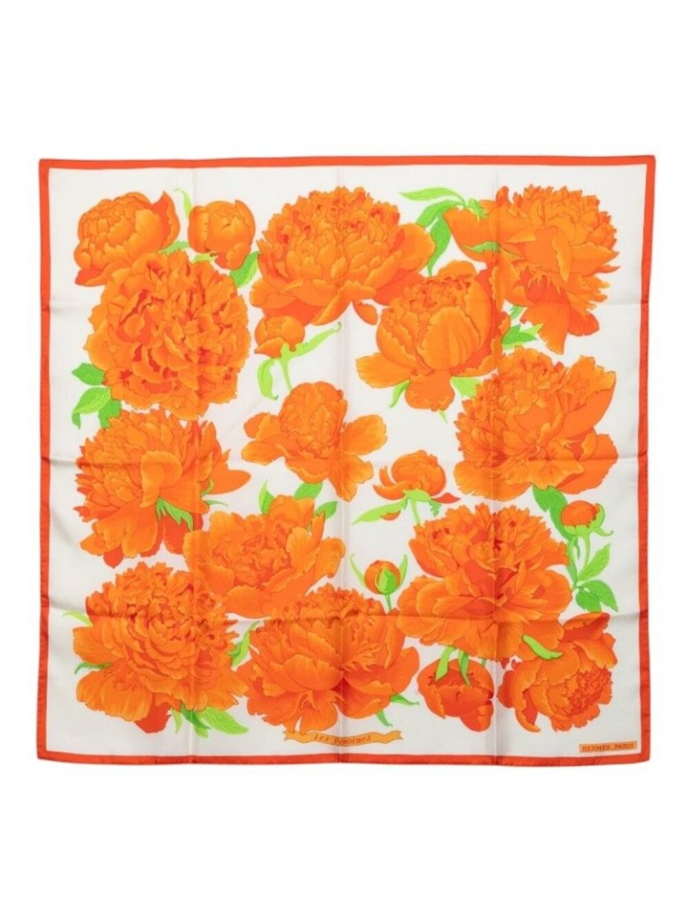 Hermes Carre 90 les Pivoines Paeonia Scarf Orange Silk